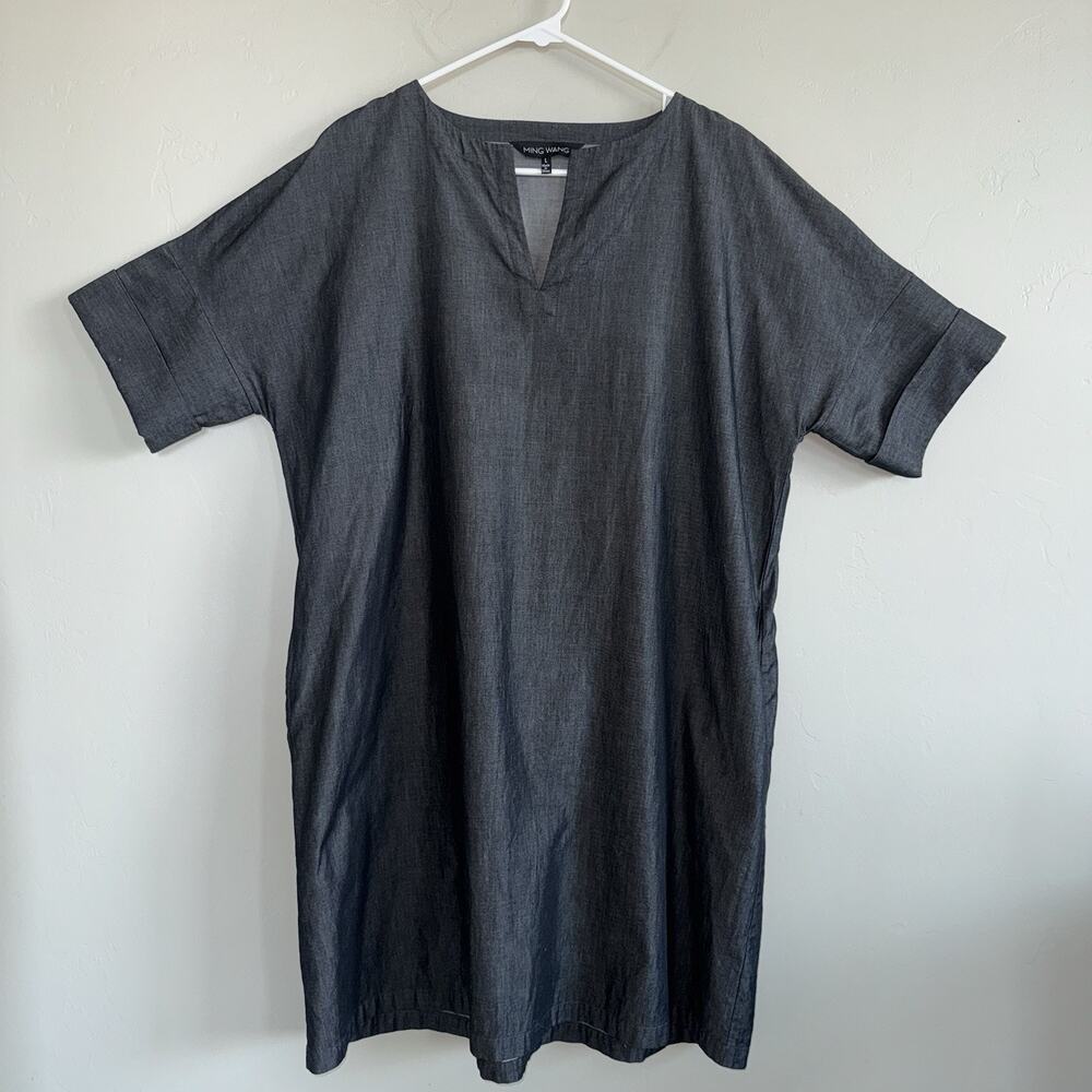 Ming Wang A Line Chambray Shift Dress Dark Denim Woman’s Sz L Cotton Gray Black - Picture 2 of 10
